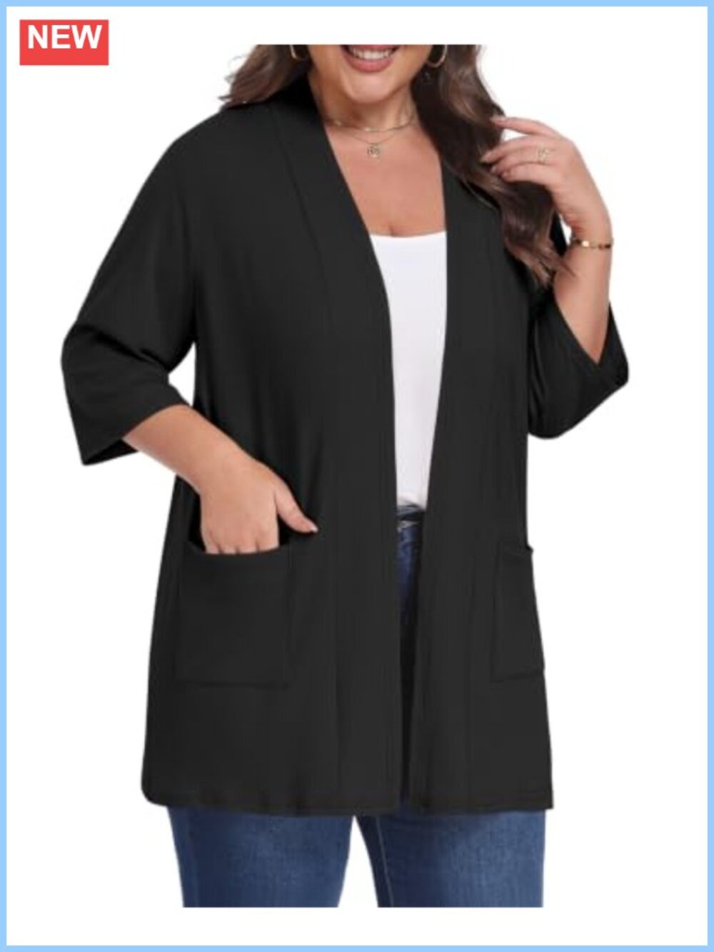 Plus Size 3/4 Sleeve Open Front Cardigan Lightweight Two Pockets Casual